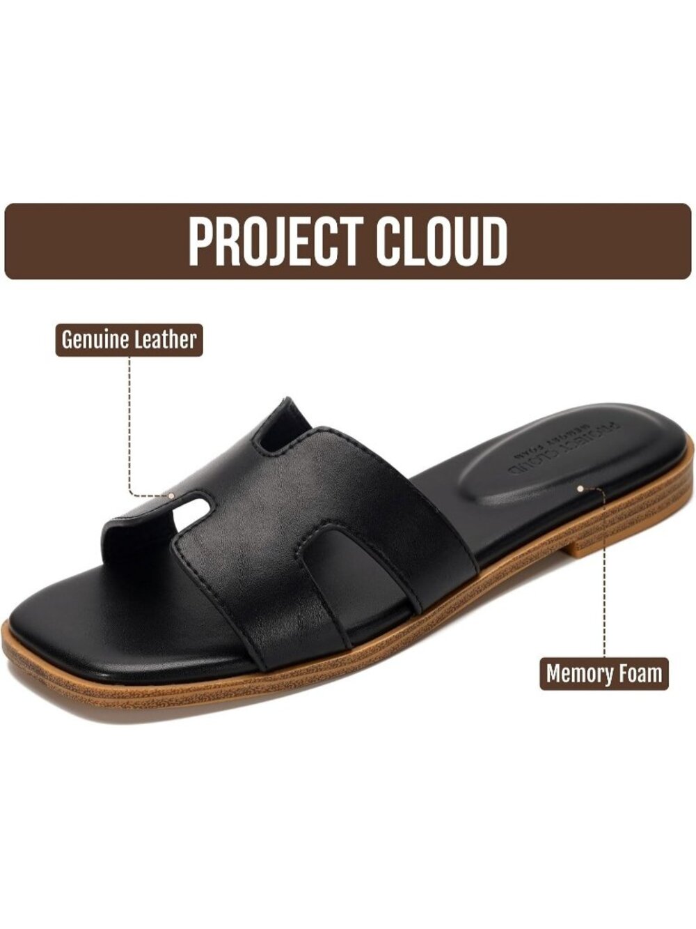 Women's Black Genuine Leather Fashion Flats Memory Foam Insole Slides Sandals - Picture 2 of 6